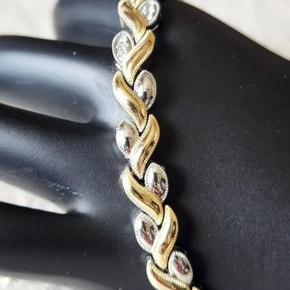 Tennis Link Bracelet Silver Gold Two Tone Hearts Mid Century Modernist 7" Gift - Picture 3 of 9